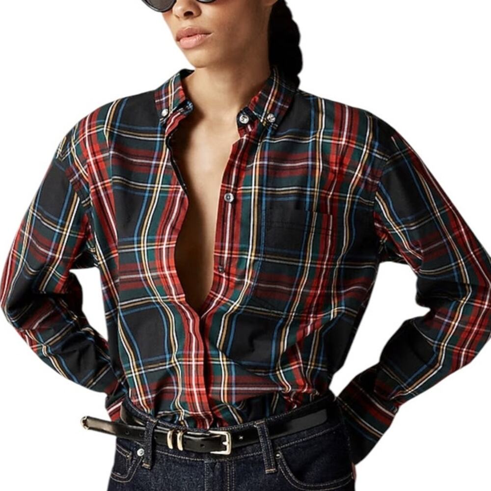 J. Jill Stewart Tartan Cotton Poplin Holiday Button Down Blouse Top Size Medium